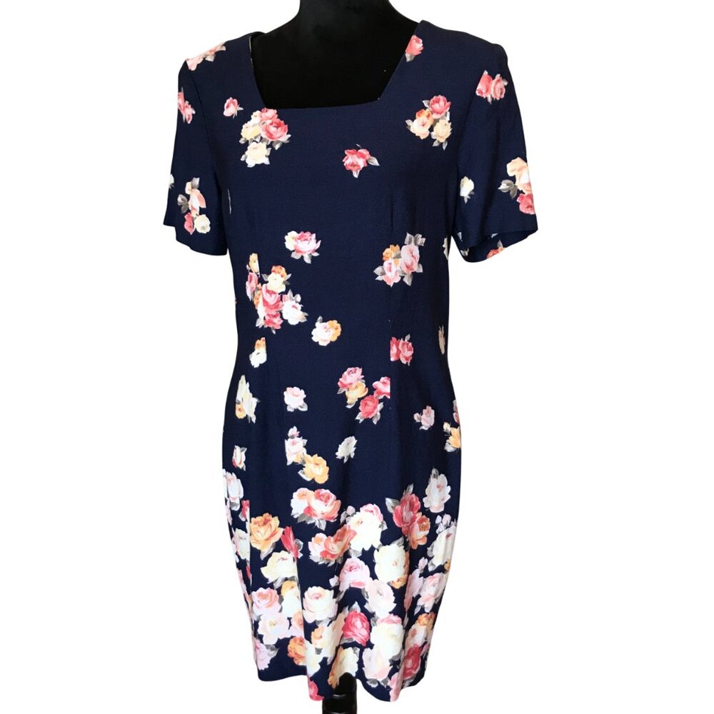 Jaclyn Hart Floral Rose Print Dress, Vintage 80s Navy Rayon Midi Size 10